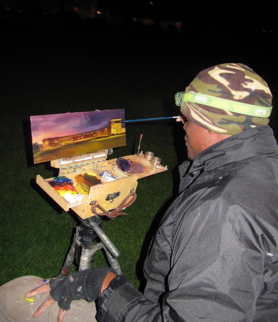 Adebanji painting the Royal Crescent, Bath at Night